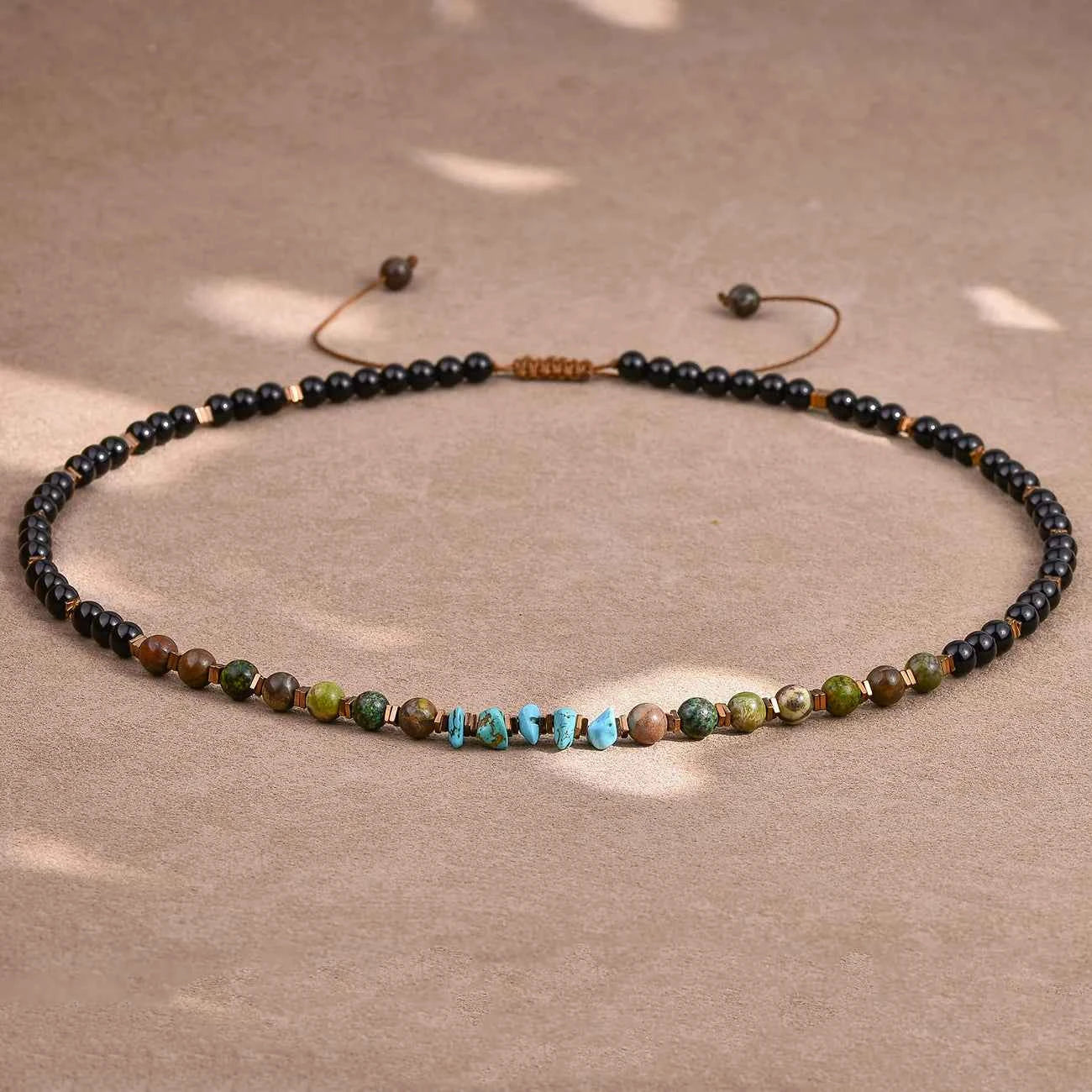 Black Onyx Turquoise Necklace for Men 6mm Natural Stone Beaded Energy Jewelry Adjustable Hand-Knotted Men's Necklace Healing Cry