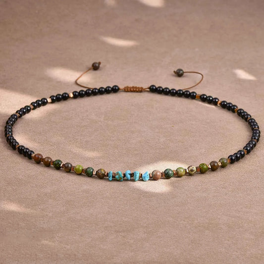 Black Onyx Turquoise Necklace for Men 6mm Natural Stone Beaded Energy Jewelry Adjustable Hand-Knotted Men's Necklace Healing Cry