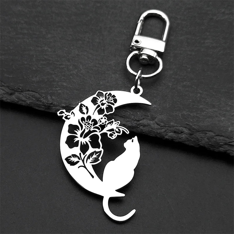 Aesthetic Cat Flower Moon Crescent Necklace for Women Men Stainless Steel Silver Color Bohemia Chain Gift Jewelry collar 3220