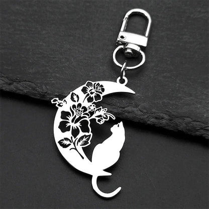 Aesthetic Cat Flower Moon Crescent Necklace for Women Men Stainless Steel Silver Color Bohemia Chain Gift Jewelry collar 3220