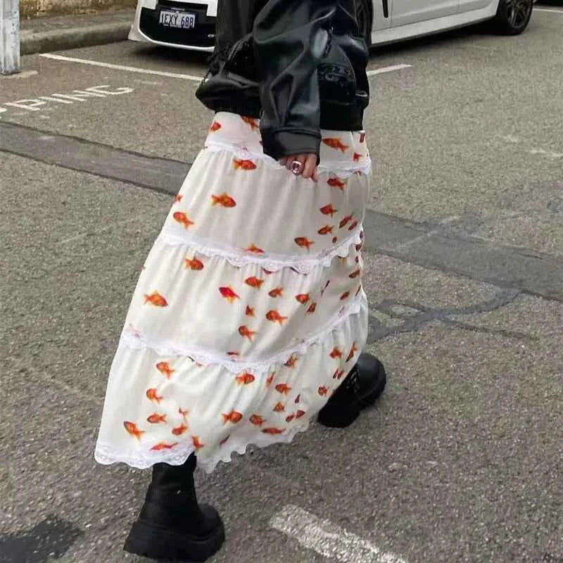 Korejpaa Spicy Girl Vintage Skirts Y2K Clothes Cute Goldfish Printed Midi Skirt Women High Waist Lace Splicing Cake Kawaii Skirt