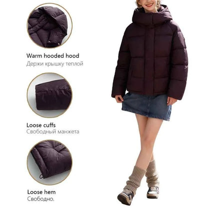 Women's Hooded Purple Cotton Jacket - Quilted Design, Warm Winter Coat, Casual Cold-Weather Outerwear