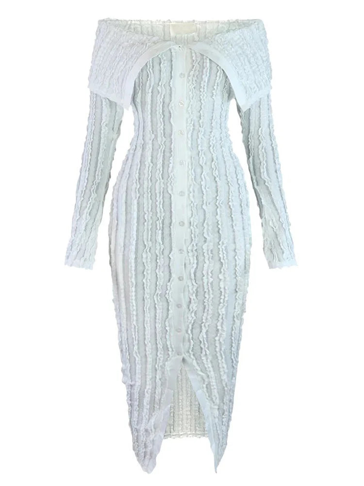 Beyprern Women's Chic Pleated Midi Dress Off Shoulder See-Through Fitted Ruched Party Dress Night Club Outfits Clubwear - AMULET RING STORE