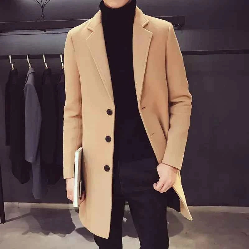 Men Long Cotton Coat 2024 Autumn Winter New Wool Blend Pure Color Casual Business Fashion Slim Windbreaker Jacket Men Clothing