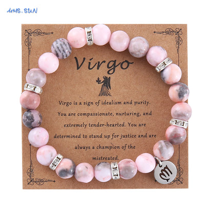 MHS.SUN 12 Star Zodiac Sign Pink Zebra Stone Beaded Bracelets Constellation Fashion Birthday Party Jewelry For Women Men