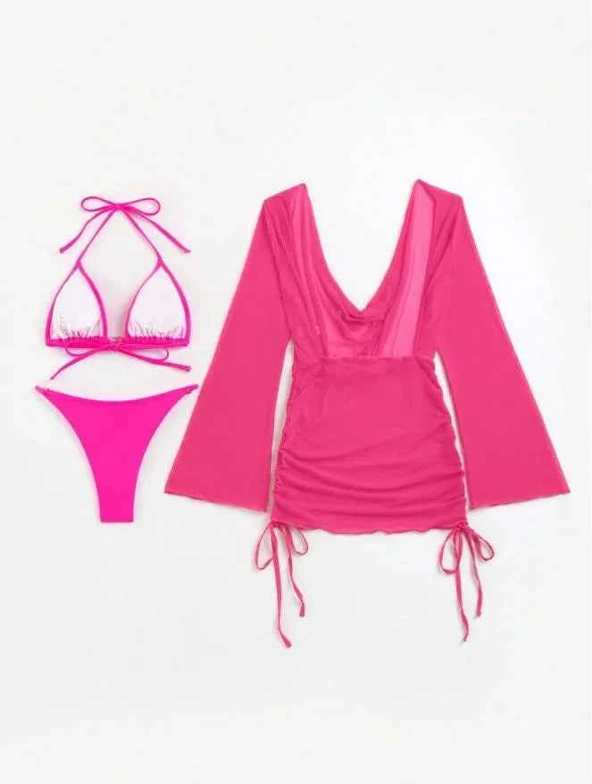 2024 Red 3 Pieces Set Swimsuit Women Thong Swimwear Sexy Matching Bikini Set Long Sleeve Dress Cover Up Beachwear Bathing Suit