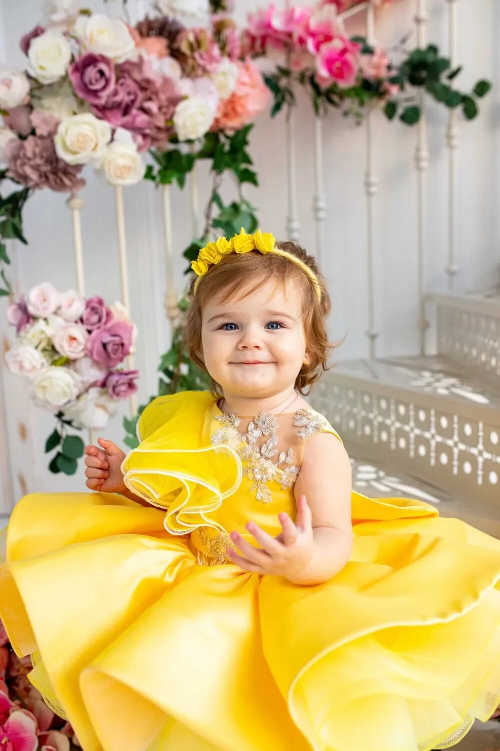 Lovely Yellow Flower Girl Dress Baby First Communion Gowns Wedding Thin Length Bow Belt Kids Birthday Gift Ball Party Clothing