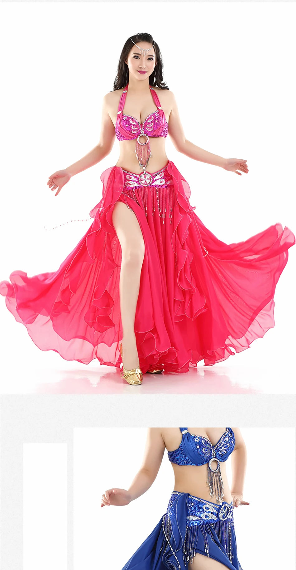 Belly Dance Skirt Chiffon Skirts Double Slit Ear Gauze Skirt High Slit Skirt For Adult Women Performance Practice Clothings