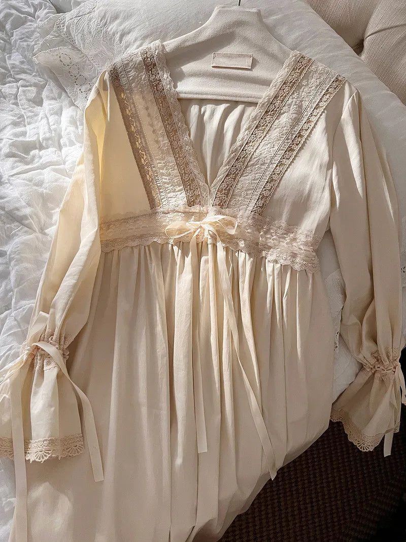Vintage Embroidery Cotton Long Nightgowns For Lady Lace  Long Sleeve Beige Elegant Nightshirts Comfortable Sexy Night Dress