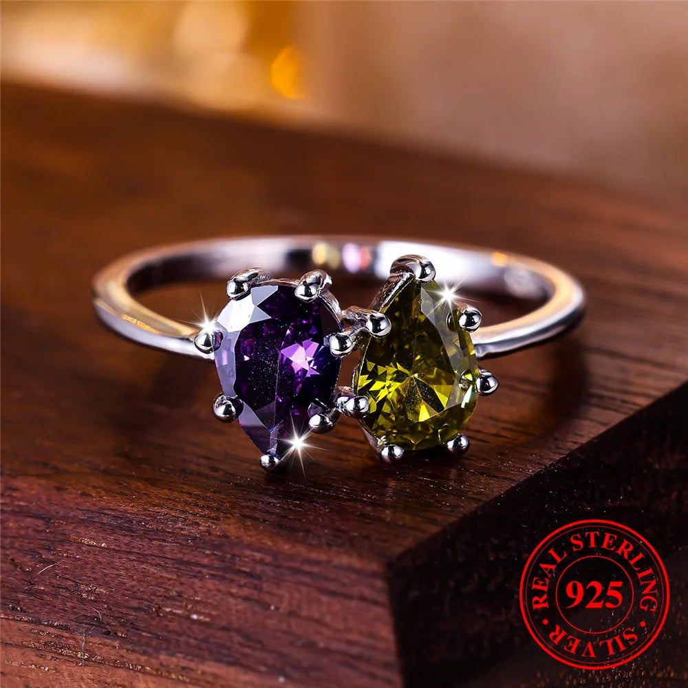 Female Real 925 Sterling Silver Peridot Amethyst Water Drop Engagement Ring Solitaire Vintage Wedding Jewelry For Women