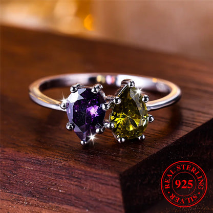 Female Real 925 Sterling Silver Peridot Amethyst Water Drop Engagement Ring Solitaire Vintage Wedding Jewelry For Women