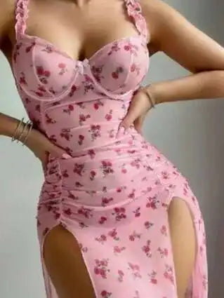 Pajamas Women's Night Dress Suspenders Rose Print Split Fork Nightgowns Slim Fit Home Wear Mesh Sleeveless Sexy Dress Sweet 5HEN - AMULET RING STORE