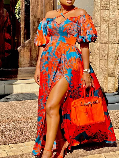 Women's Floral Maxi Dress with Halter Neck and Slit Short Sleeves