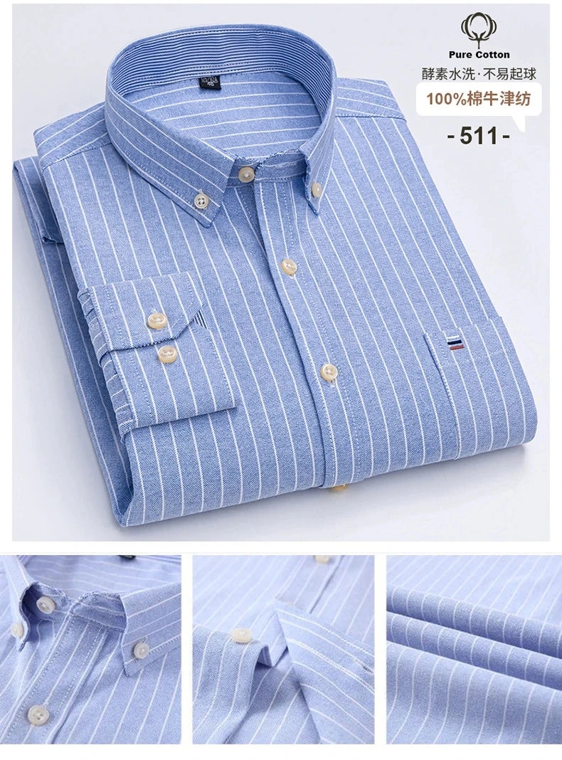 100% Cotton Oxford Men's Shirts Long Sleeves Plaid Soft Regular Fit Formal Dress Shirt Pocket Social Blouse Male Clothes S-7XL