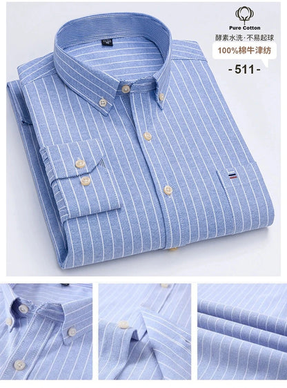 100% Cotton Oxford Men's Shirts Long Sleeves Plaid Soft Regular Fit Formal Dress Shirt Pocket Social Blouse Male Clothes S-7XL