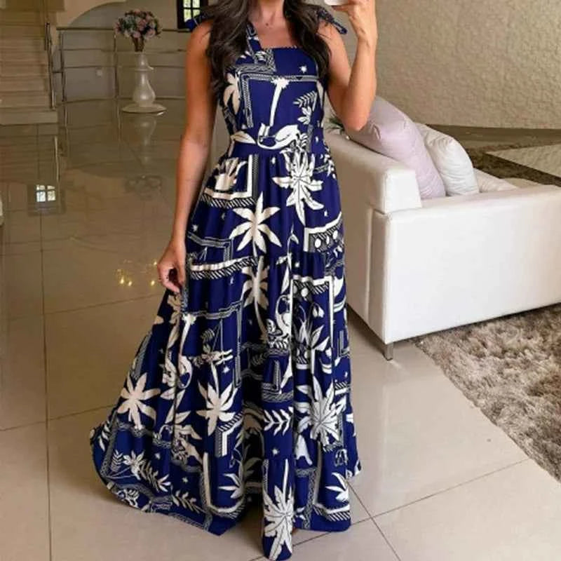 Women Fashion Floral Print Dress Casual Spaghetti Strap Sleeveless Loose Dresses Robe Femme Elegant Party Womens Clothing Summer