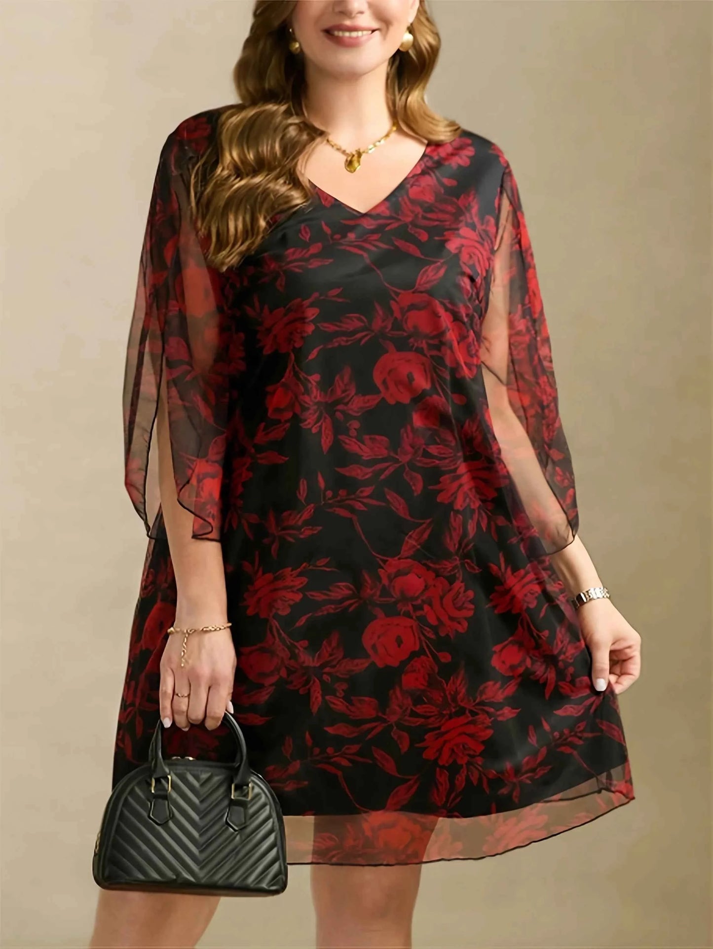 Boho Floral Print Maxi Dress - Layered Mesh V-Neck Plus Size Women's Dress