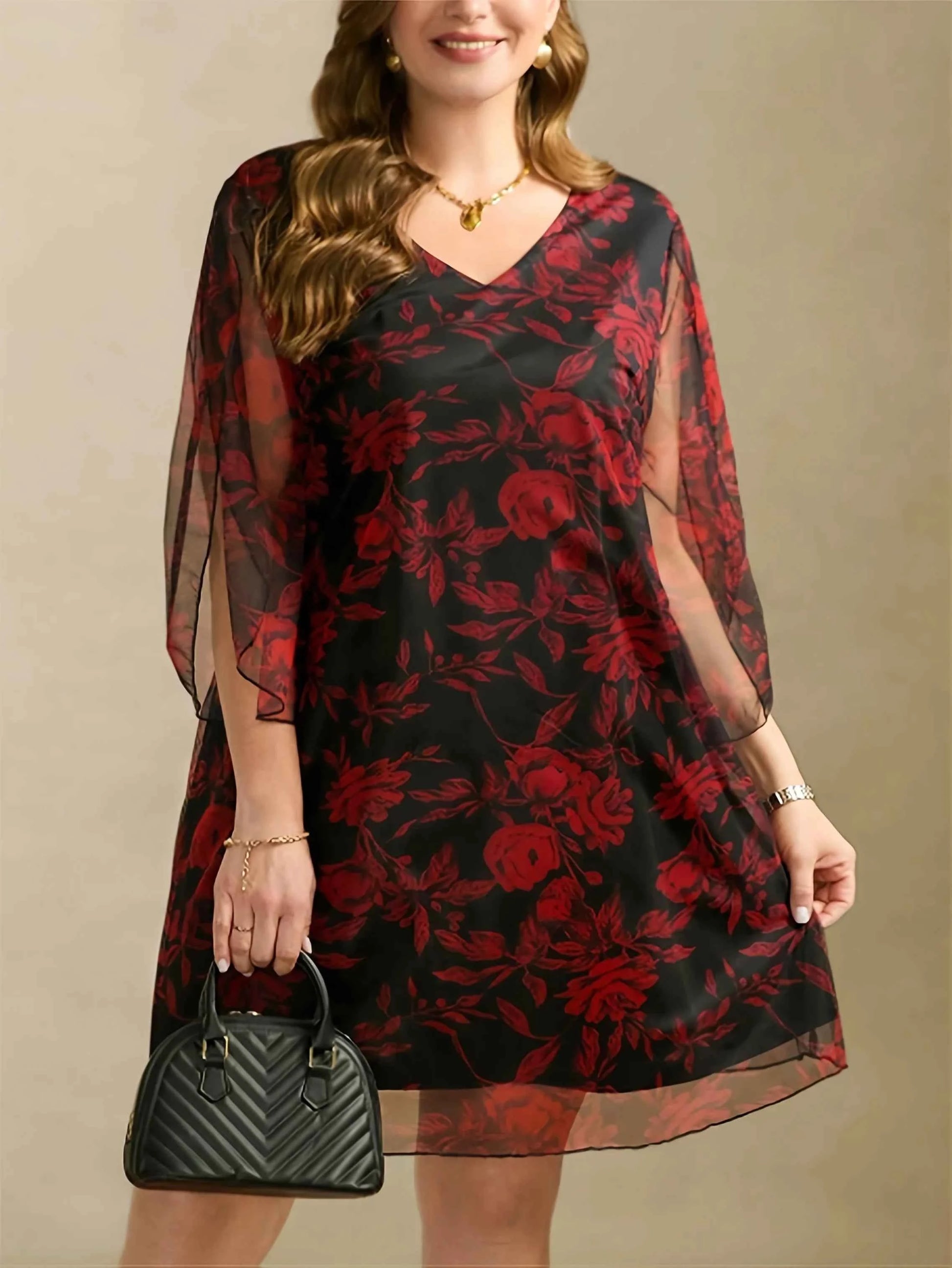 Boho Floral Print Maxi Dress - Layered Mesh V-Neck Plus Size Women's Dress