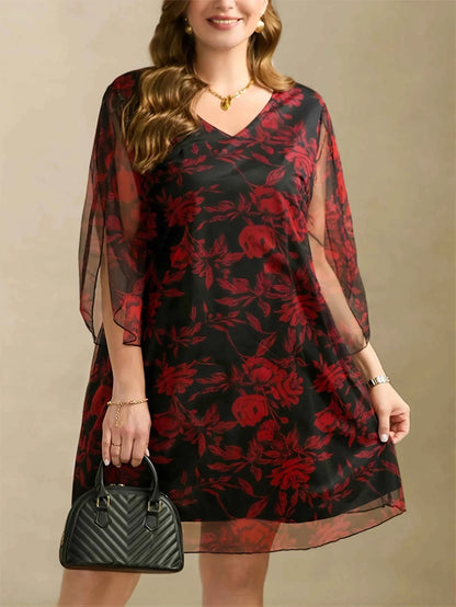 Boho Floral Print Maxi Dress - Layered Mesh V-Neck Plus Size Women's Dress