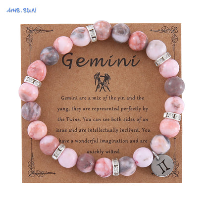 MHS.SUN 12 Star Zodiac Sign Pink Zebra Stone Beaded Bracelets Constellation Fashion Birthday Party Jewelry For Women Men