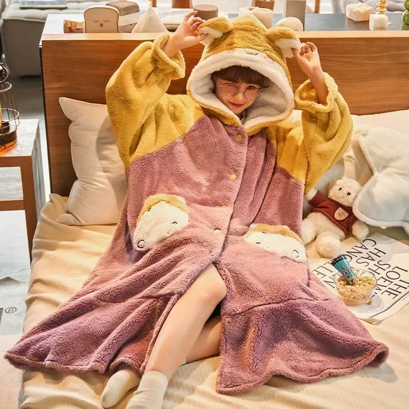 2024 Winter Pajamas For Women Cartoon Hooded Long Robe Strawberry Jacket Cute Home Wear Sleepwear Kawaii Flannel Warm Bathrobe - AMULET RING STORE