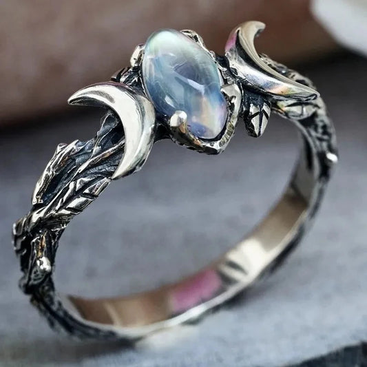 Huitan Vintage Moon Marquise Imitation Opal Stone Rings for Women Anti Silver Color Exquisite Female Finger-ring Retro Jewelry