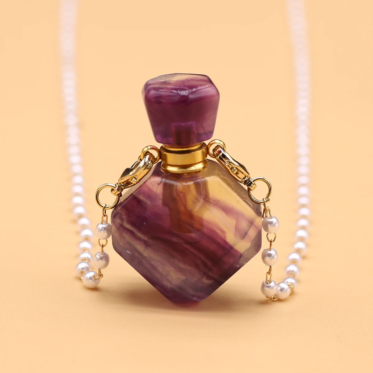 Natural Amethysts Perfume Bottle Pendant Necklace Pearl Chains Essential Oil Diffuser Agates Pendant Necklace For Women Jewerly - AMULET RING STORE
