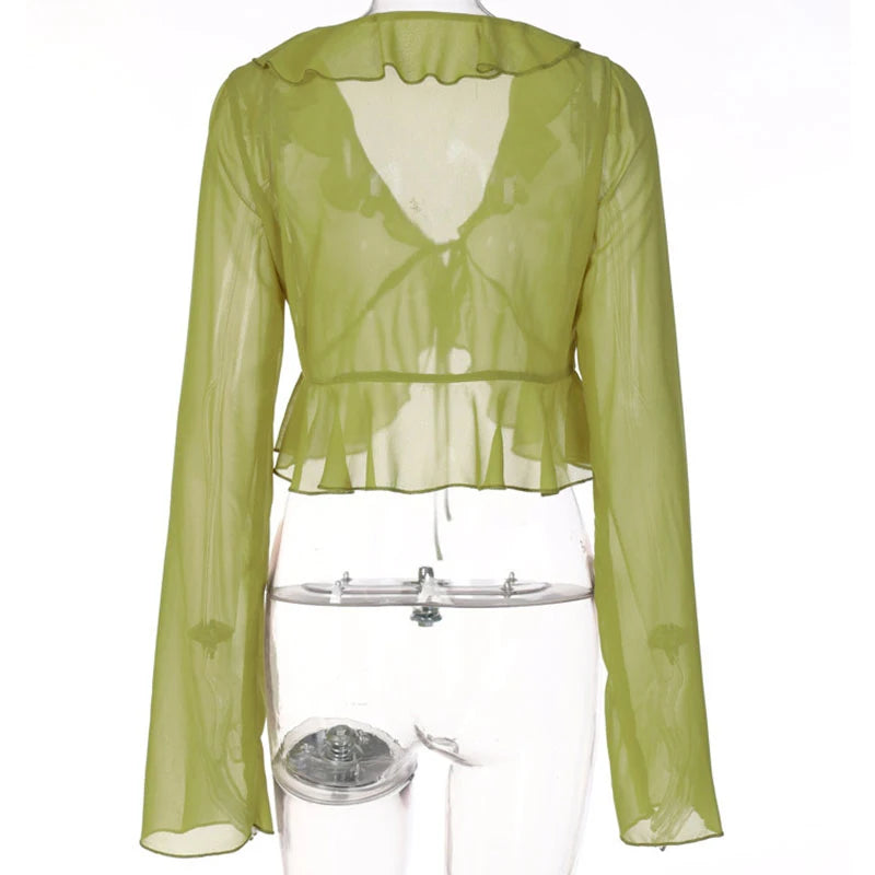 Vintage 90s Streetwear Ruffles Trim Green Chiffon T-shirts Y2K Fashion Sexy Deep V Lace Up Long Sleeve Tops Transparent - AMULET RING STORE
