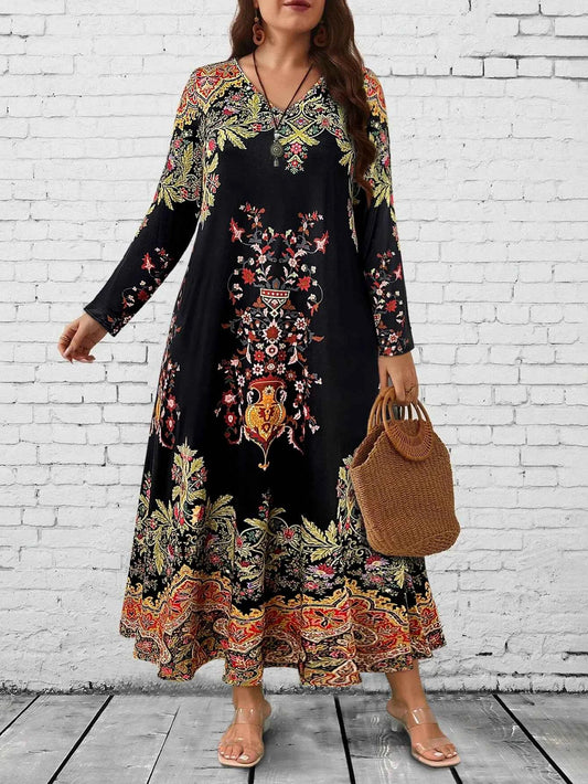 Plus Size Women's Boho Floral Maxi Dress, Long - Sleeve V - Neck, Ethnic Print, Casual & Festival Wear