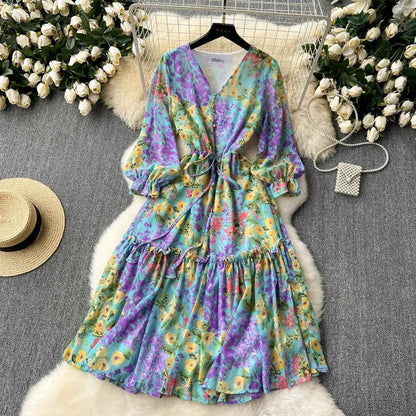 2026 Romantic Floral Print Chiffon Long Sleeve Dress Women Sexy V-neck A Line Beach Vestidos Elegant Elastic Waist Party Dress
