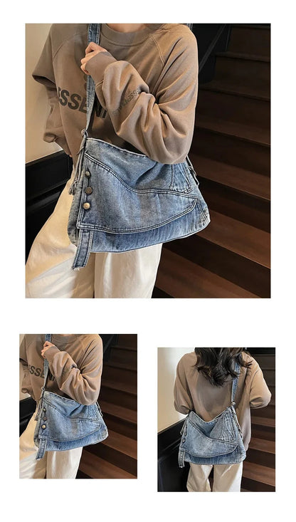 2025 New Women's Denim Tote Bag - Retro Crossbody Shoulder Bag with Large Capacity for Work & Commute, Fashionable Denim Handbag