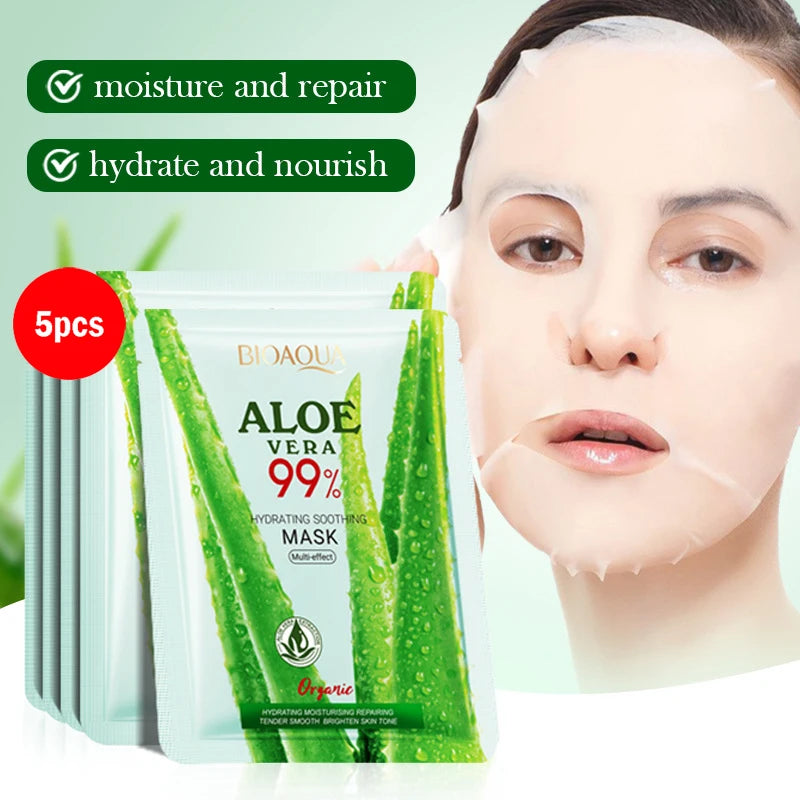 5/10pcs BIOAQUA Aloe Vera Moisturizing Facial Masks for Face Skin Soothing Brightening Firming Hydrating Facial Masks Skin Care - AMULET RING STORE
