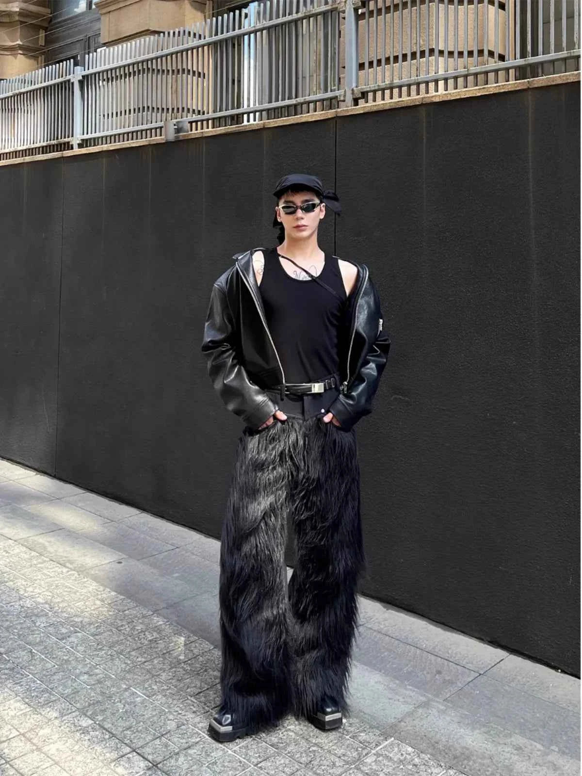 Mauroicardi Autumn Winter Long Black Thick Warm Hairy Shaggy Faux Fur Wide Leg Pants for Mens Luxury Designer Clothes Streetwear