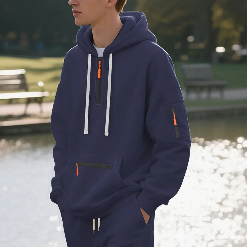 Men's Hooded Fleece Pullover Sporty Casual Jacket European American Style Autumn Winter Warm Comfortable Men's Outerwear