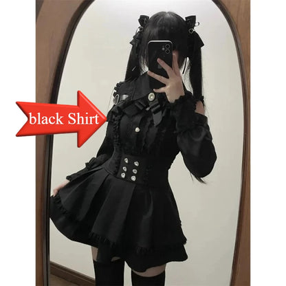 Sweet Gothic Lolita Two Piece Set, Off Shoulder Blouse + High Waist Skirt, Kawaii Tri-color Lace Coord Outfit for Women & Teens