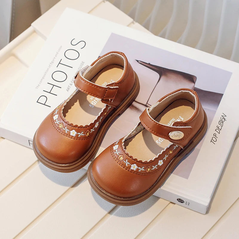 Toddler Girl's Mary Janes Flower Embroider Shallow Sweet Children Leather Shoes Three Colors Hook-loop Comfy Kids Shoe 21-30 - AMULET RING STORE