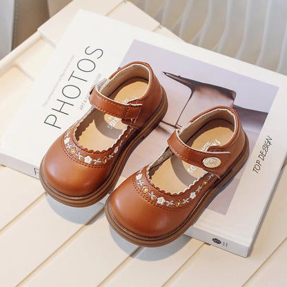 Toddler Girl's Mary Janes Flower Embroider Shallow Sweet Children Leather Shoes Three Colors Hook-loop Comfy Kids Shoe 21-30 - AMULET RING STORE