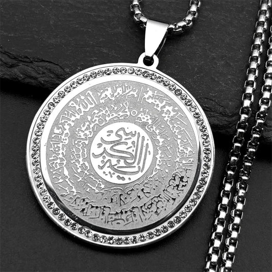 Stainless Steel Muslim Islam Quran Allah Crystals Chain Necklaces for Women Men Gold Color Round Pendants Necklaces Jewelry Gift