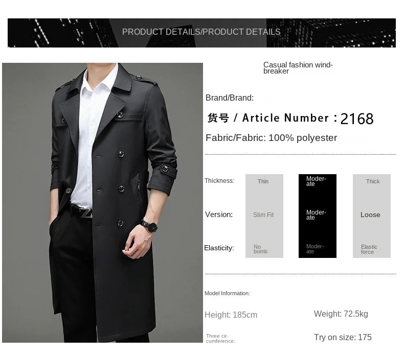 Brand Business Men's Windbreaker 2023 Autumn High-quality Khaki Navy Black Double-breasted Trench Coat Fashion Male New Clothing - AMULET RING STORE