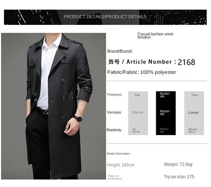 Brand Business Men's Windbreaker 2023 Autumn High-quality Khaki Navy Black Double-breasted Trench Coat Fashion Male New Clothing - AMULET RING STORE