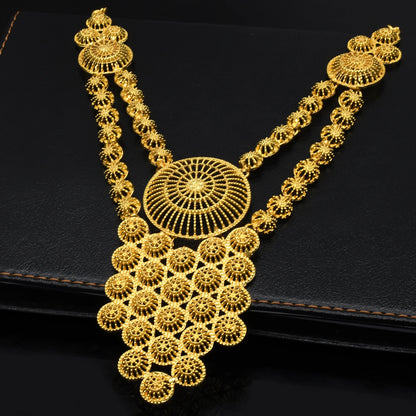 Wholesale African 24K Gold Color Long Necklace Jewelry Set Nigerian Party Bridal Wedding Ethiopian Luxury Dubai Indian