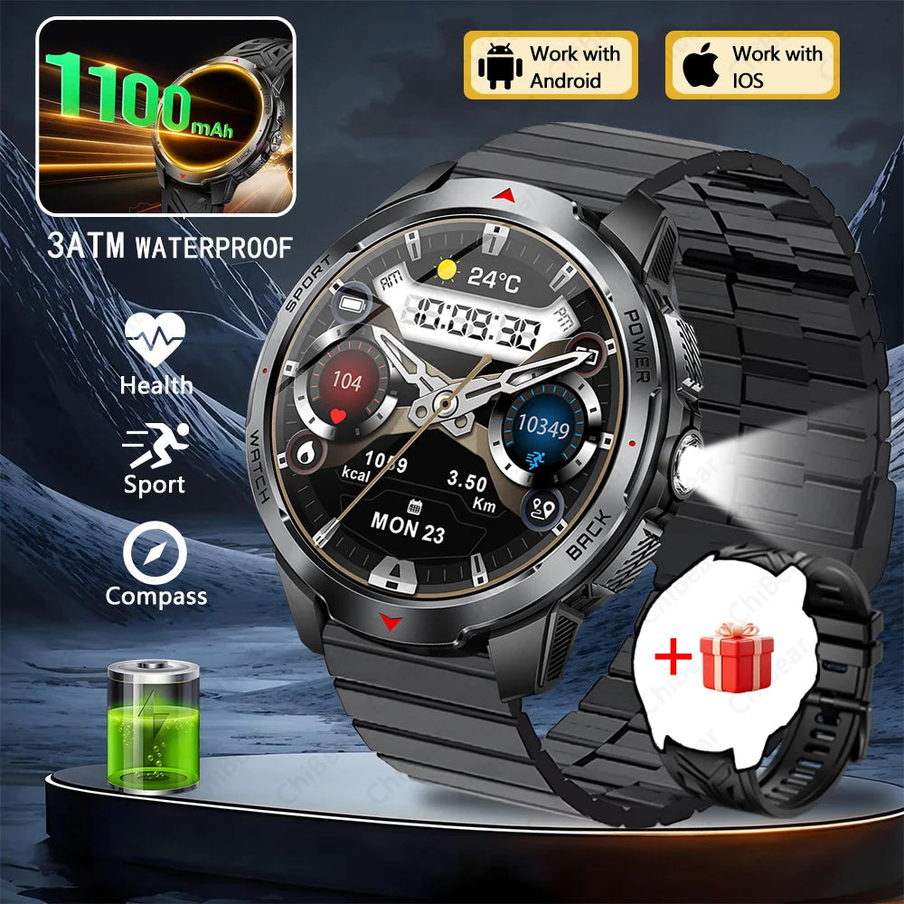 1100mAh Super Capacity Battery Military Outdoor Smart Watch Men 1.7inch Screen Compass Bluetooth Call 3ATM Waterproof SmartWatch