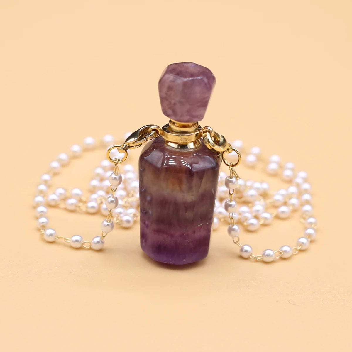 Natural Amethysts Perfume Bottle Pendant Necklace Pearl Chains Essential Oil Diffuser Agates Pendant Necklace For Women Jewerly - AMULET RING STORE