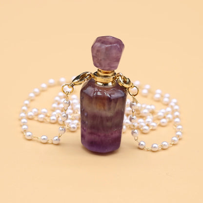 Natural Amethysts Perfume Bottle Pendant Necklace Pearl Chains Essential Oil Diffuser Agates Pendant Necklace For Women Jewerly - AMULET RING STORE