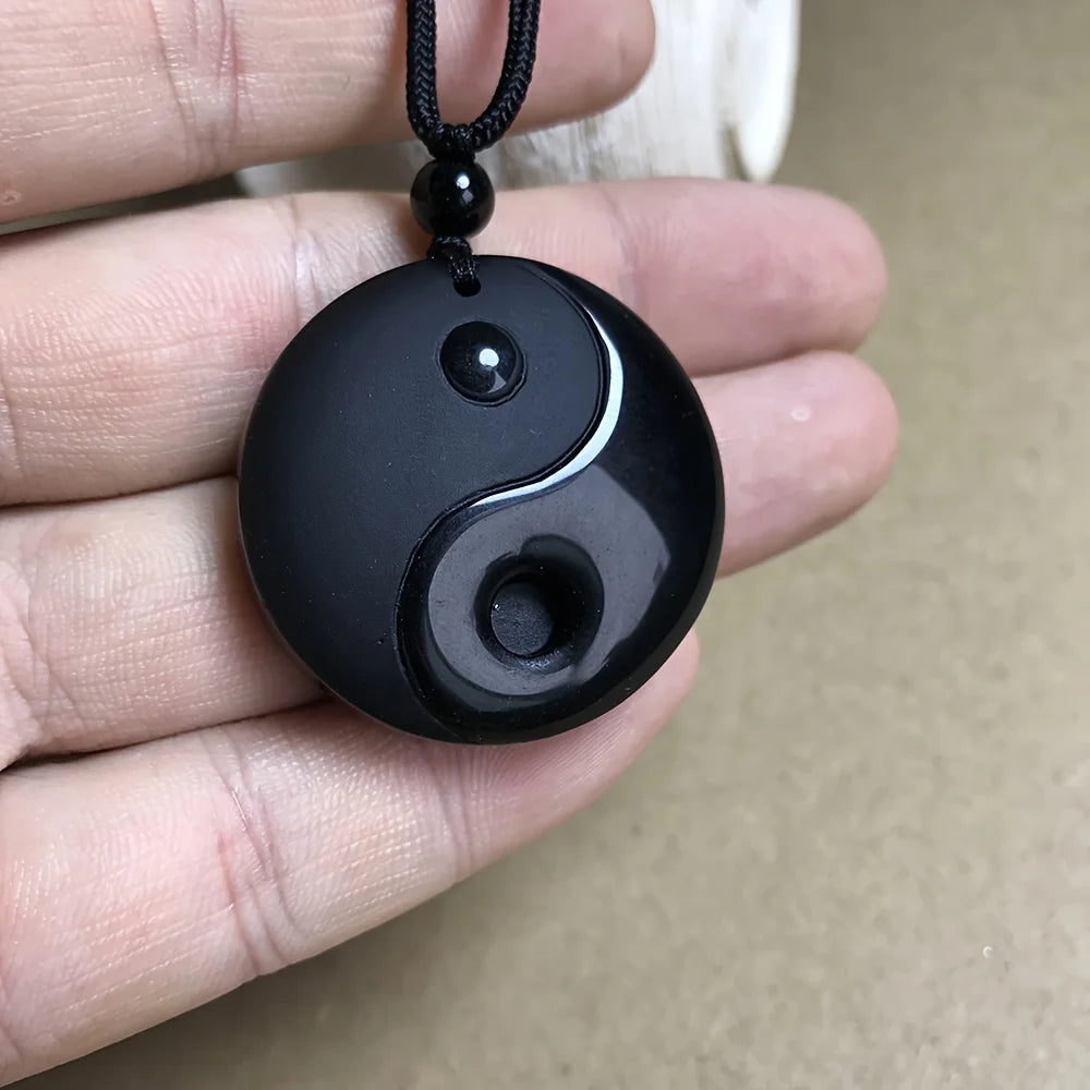 1pc Obsidian Yin Yang Tai Chi Pendant Necklace For Men
