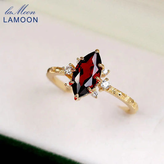 LAMOON Vintage Natural Garnet Rings For Women Natural Gemstone Luxury Wedding Engagement Ring 925 Sterling Silver Gold Plated