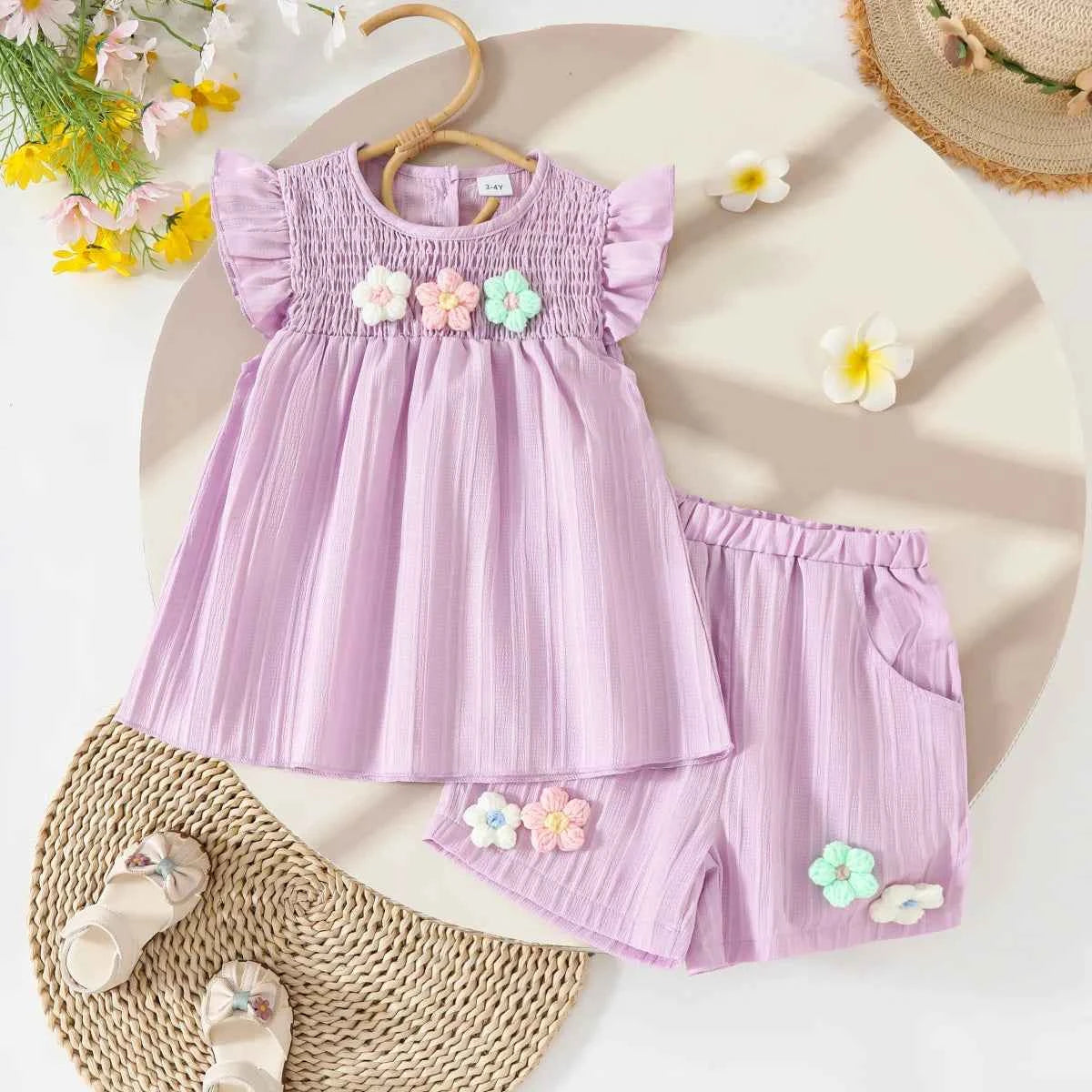 Baby Girls Summer Set Flowers Short Sleeved Top Bow Shorts Casual Toddler Clothes for Kids 1-4 Year