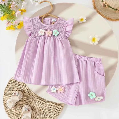 Baby Girls Summer Set Flowers Short Sleeved Top Bow Shorts Casual Toddler Clothes for Kids 1-4 Year