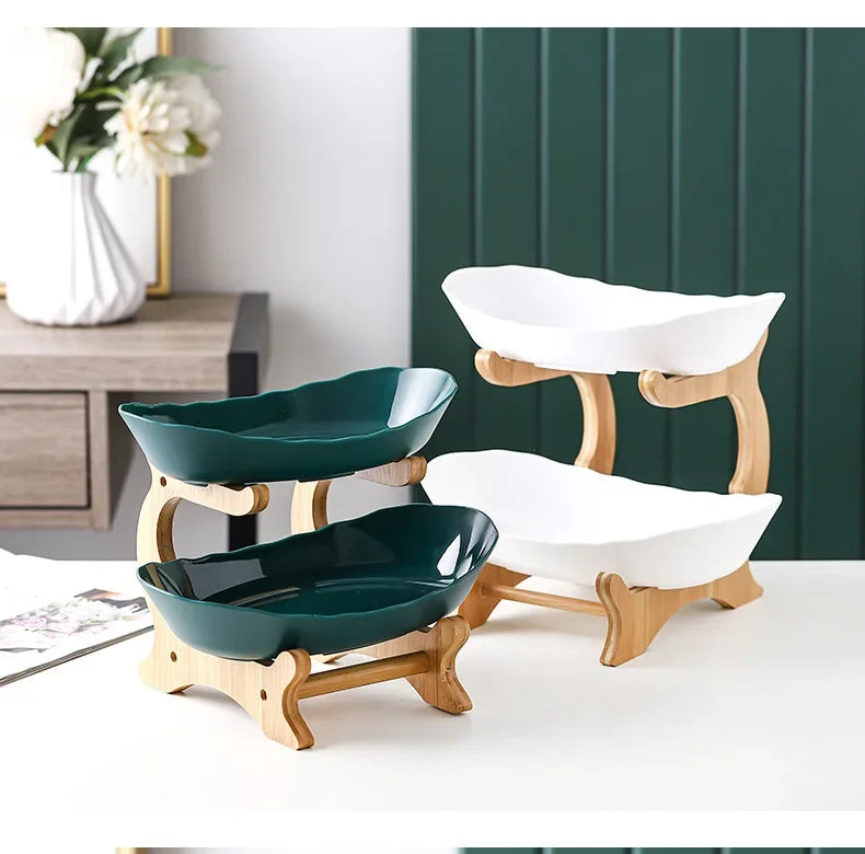 2/3 Layer Table Plates Dinnerware Wooden Kitchen Fruit Bowl with Floors Partitioned Dish Candy Cake Trays Fruit Plate Salad Bowl - AMULET RING STORE
