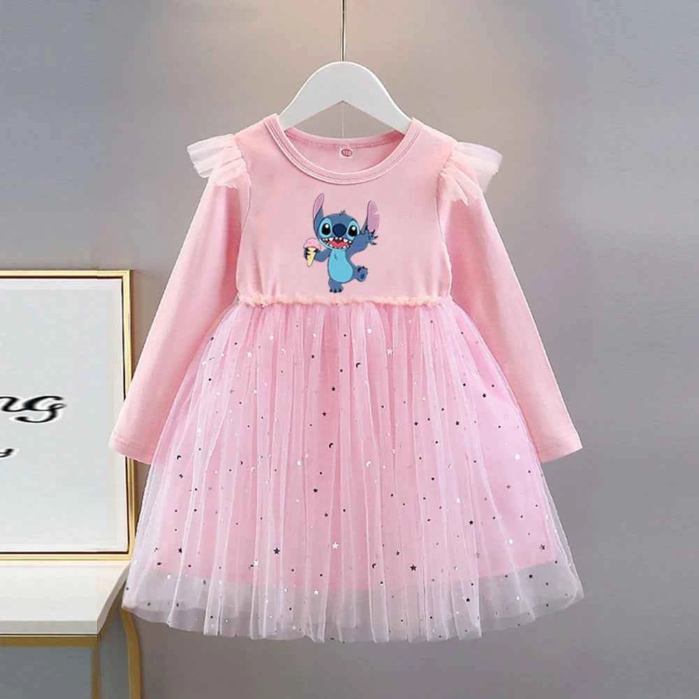 Girls Dress 2025 New Kids Clothes Autumn Long sleeves Disney Children Stitch Princess Dresses Baby Girl Cute Birthday Party 2-8Y